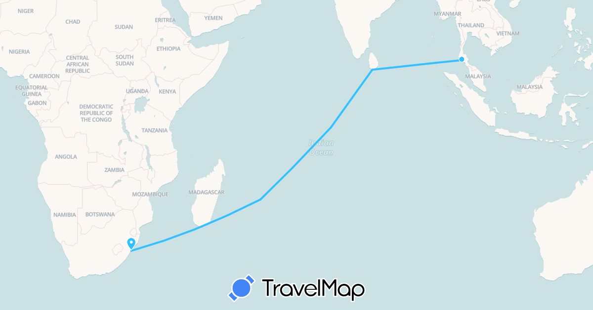 TravelMap itinerary: boat in India, British Indian Ocean Territory, Sri Lanka, Mauritius, Thailand, South Africa (Africa, Asia)